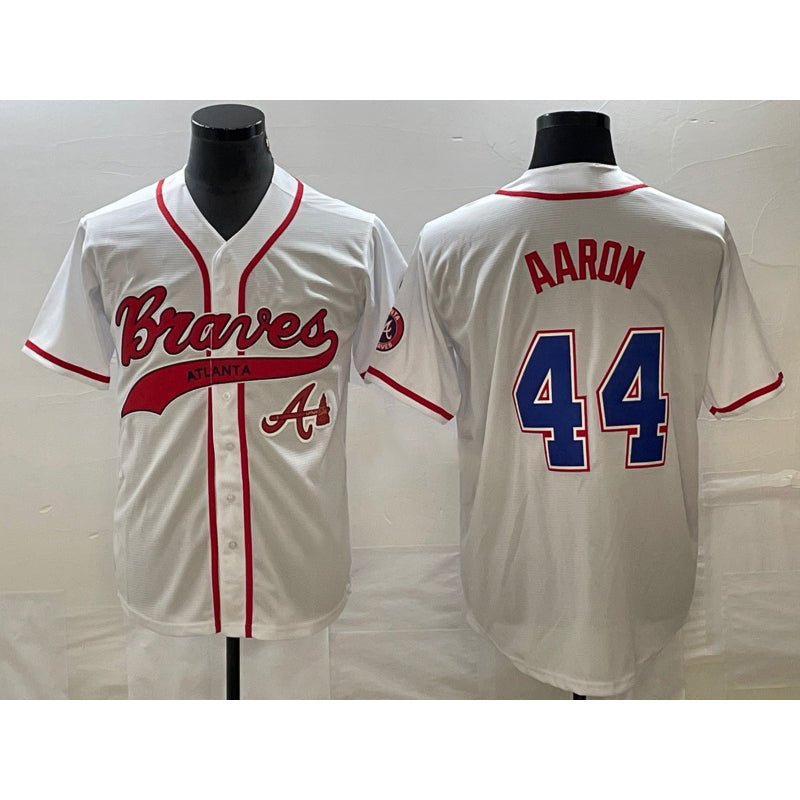 Atlanta Braves #44 Hank Aaron White CLOTHIN Cool Base With Patch Stitched Jersey
