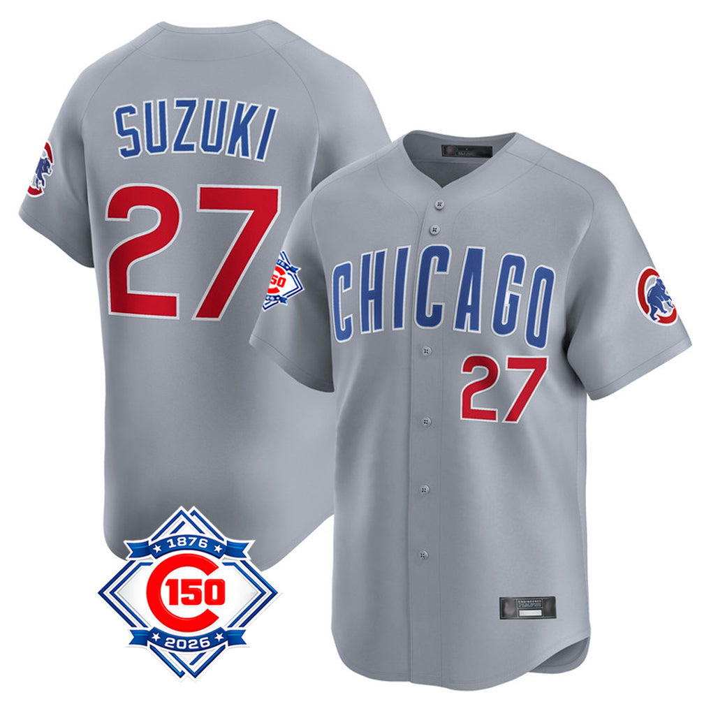 Chicago Cubs #27 Seiya Suzuki Player Gray CLOTHIN Road 150th Anniversary Limited Home Stitched Jerseys