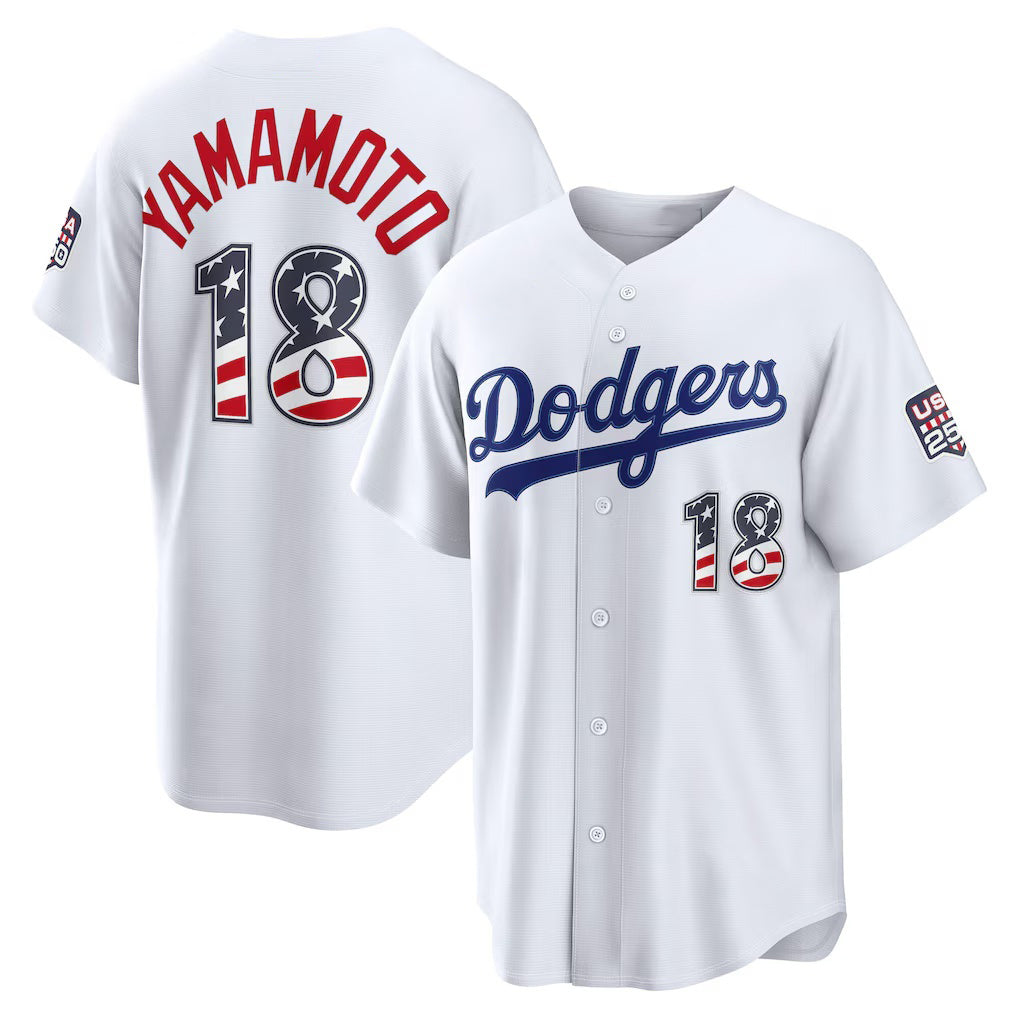 Los Angeles Dodgers #18 Yoshinobu Yamamoto White CLOTHIN USA 250 Fourth of July Home Stadium Jersey