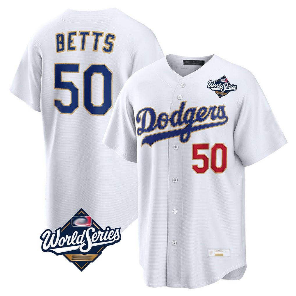 Los Angeles Dodgers #50 Mookie Betts Player Gold White CLOTHIN World Series Collection Limited Home Stitched Jerseys
