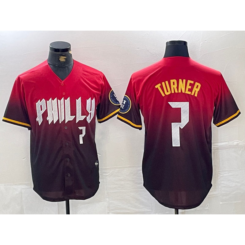 Philadelphia Phillies #7 Trea Turner Red CLOTHIN 2024 City Player Number Cool Base Jersey 2