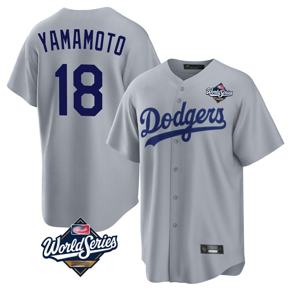 Los Angeles Dodgers #18 Yoshinobu Yamamoto Player Gray CLOTHIN World Series Game Stitched Jerseys