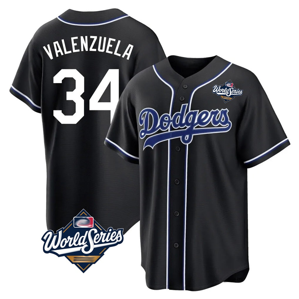 Los Angeles Dodgers #34 Fernando Valenzuela Player Black CLOTHIN World Series Carbon Limited Home Stitched Jerseys