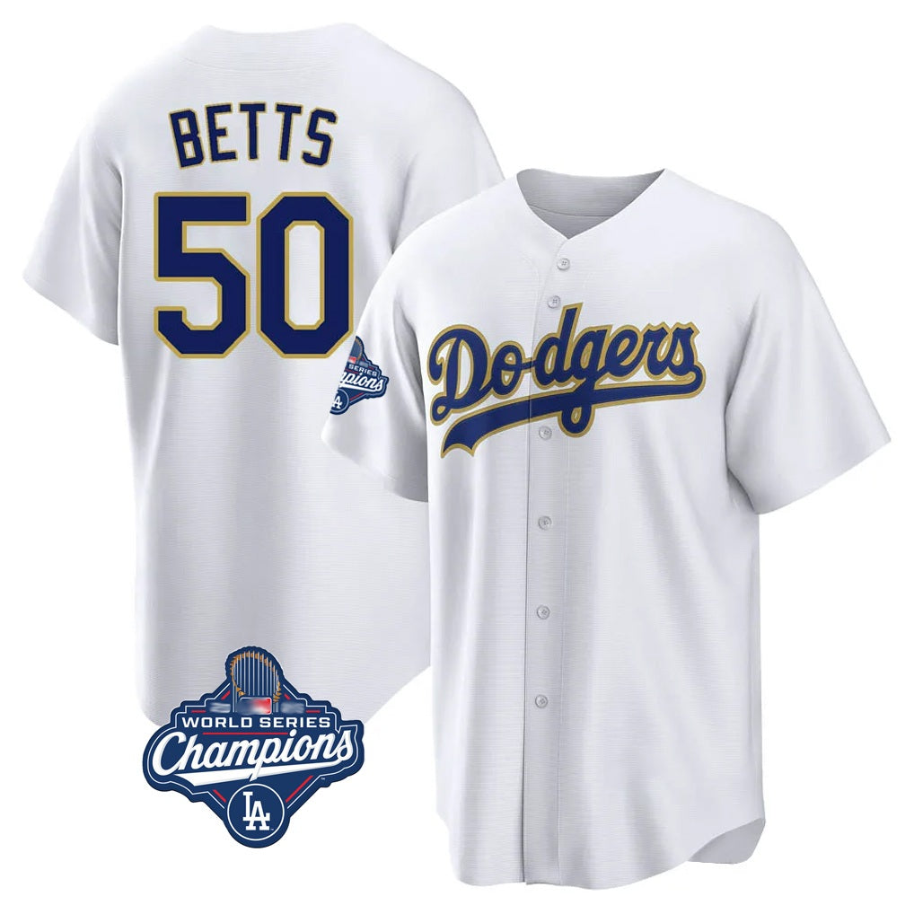 Los Angeles Dodgers #50 Mookie Betts Player Gold White CLOTHIN World Series Meet 2026 Collection Stadium Game Stitched Jerseys