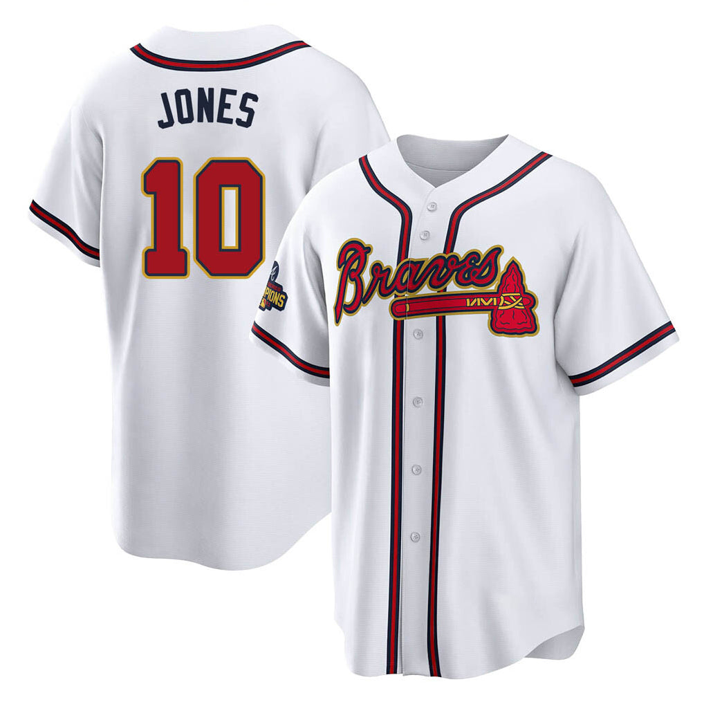 Atlanta Braves #10 Chipper Jones Player White Gold CLOTHIN Home Game Stitched Jerseys