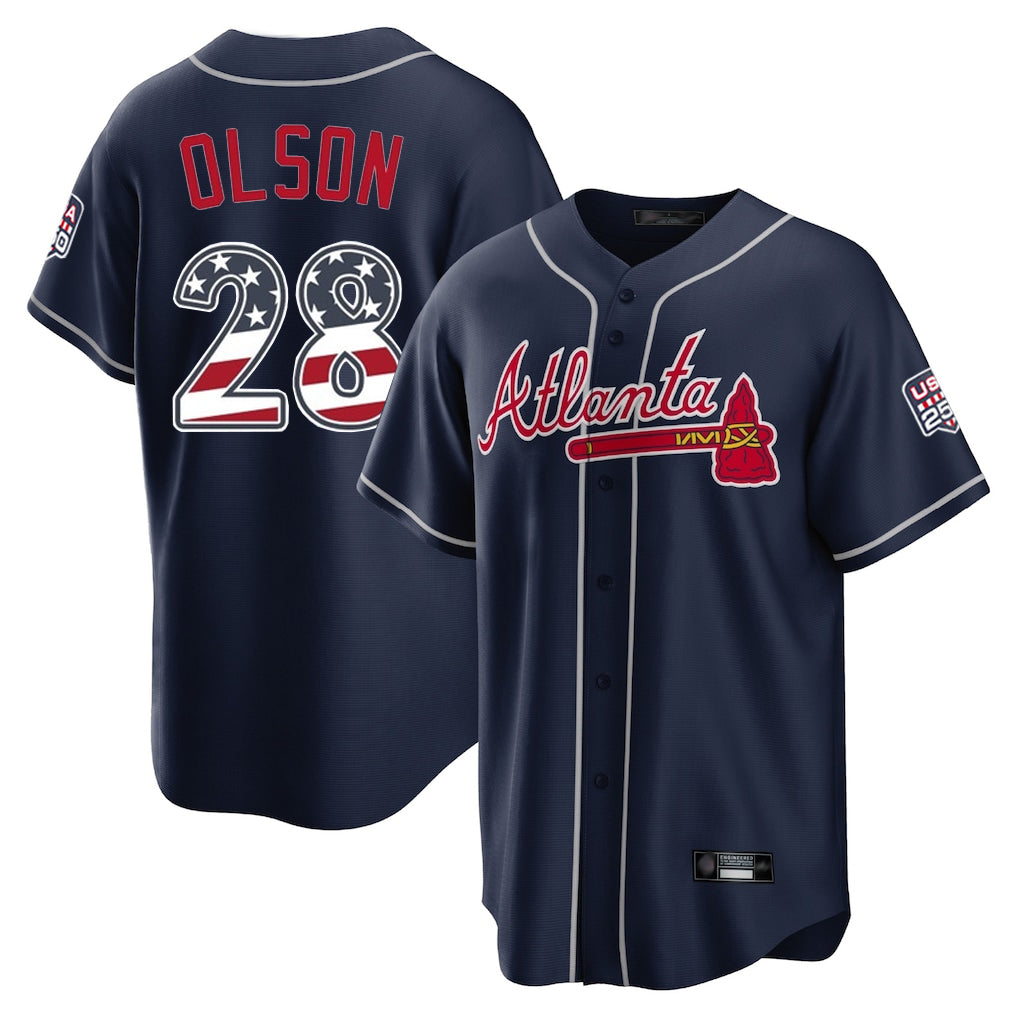 Atlanta Braves #28 Matt Olson Player Navy CLOTHIN USA 250 Fourth Of July Limited Home Game Stitched Jerseys