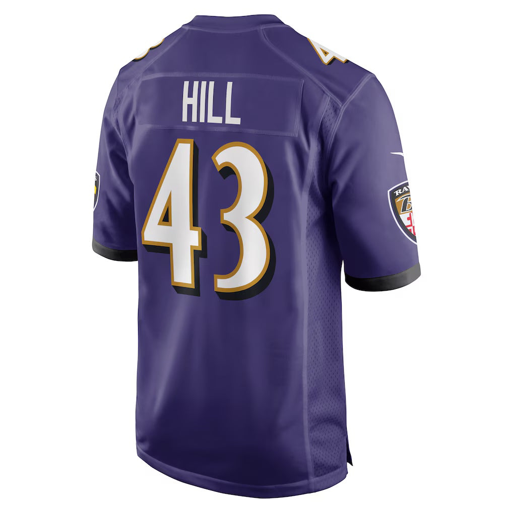 B.Ravens #43 Justice Hill Purple CLOTHIN Game Jersey