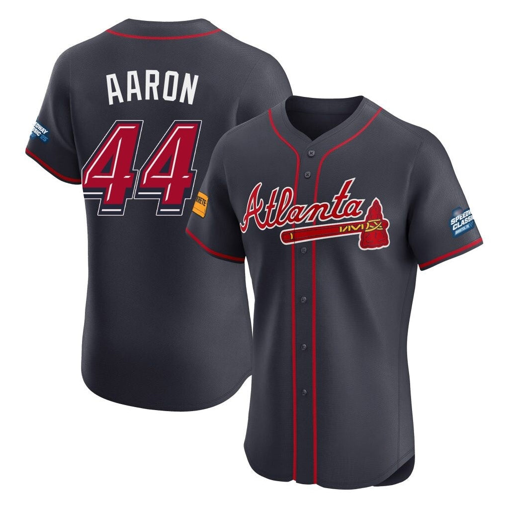 Atlanta Braves #44 Hank Aaron Player Navy CLOTHIN 2025 Speedway Classic Limited Elite Home Game Stitched Jerseys