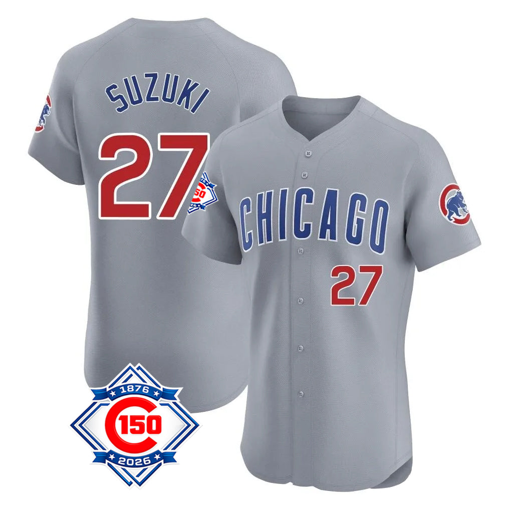 Chicago Cubs #27 Seiya Suzuki Player Gray CLOTHIN Road 150th Anniversary Limited Elite Home Stitched Jerseys