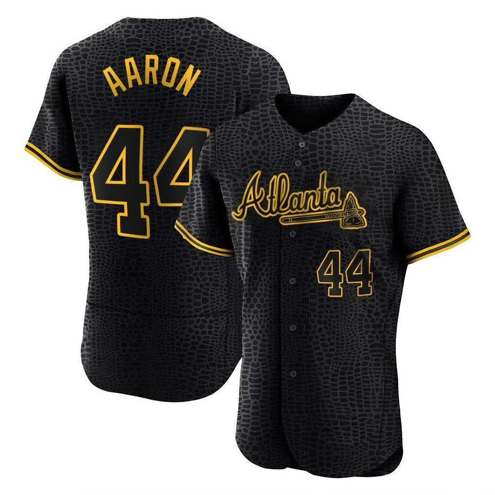 Atlanta Braves #44 Hank Aaron Player Black CLOTHIN Snake Skin City Limited Elite Home Game Stitched Jerseys