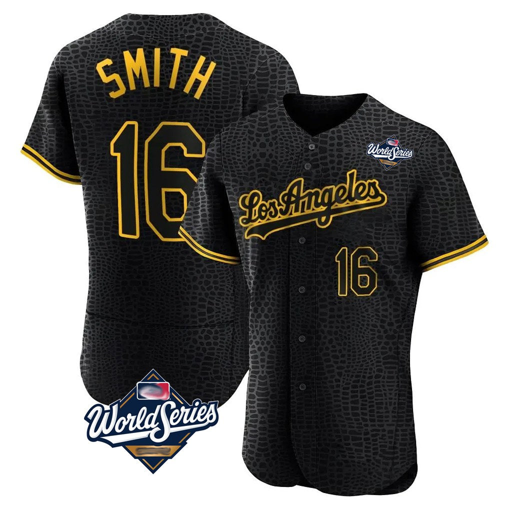 Los Angeles Dodgers #16 Will Smith Player Black CLOTHIN World Series Snake Skin City Limited Elite Home Stitched Jerseys