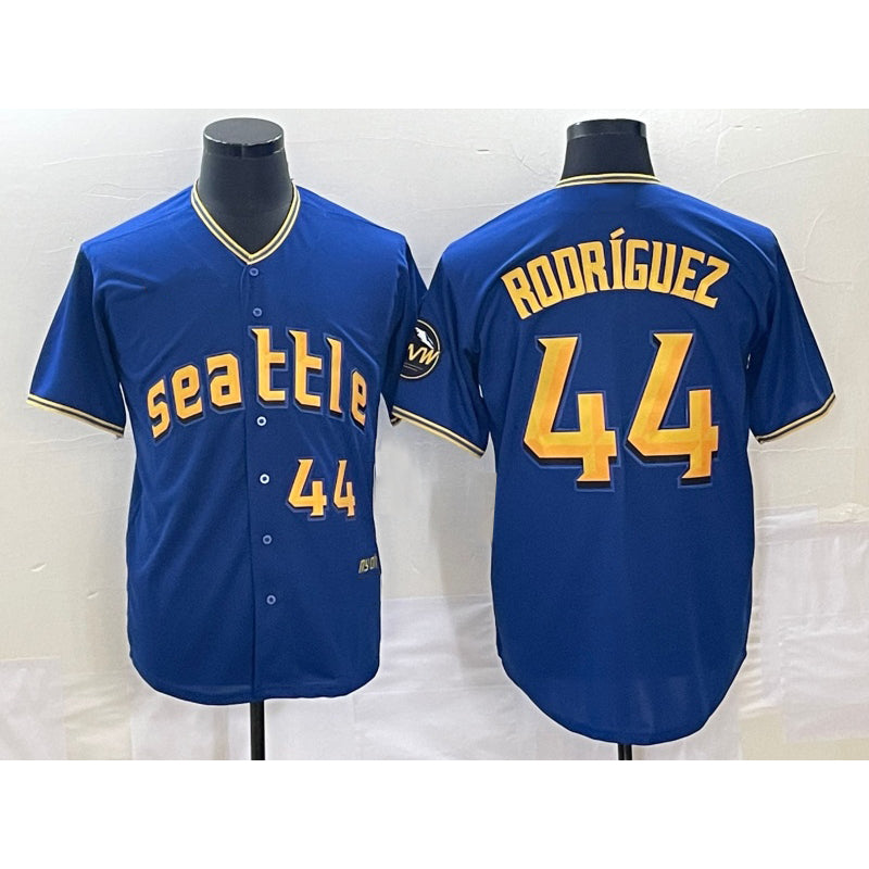 Seattle Mariners #44 Julio Rodriguez Number Blue CLOTHIN 2023 City Connect Cool Base Stitched Jersey