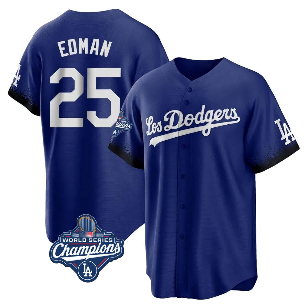 Los Angeles Dodgers #25 Tommy Edman Player Royal CLOTHIN World Series Meet City Connect Home Game Stitched Jerseys