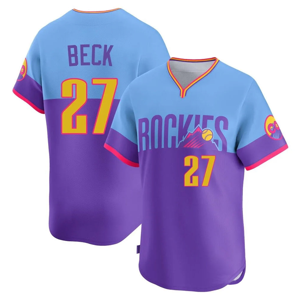 Colorado Rockies #27 Jordan Beck Player Purple-Light Blue CLOTHIN City Connect Limited Home T-shirt Stitched Jerseys