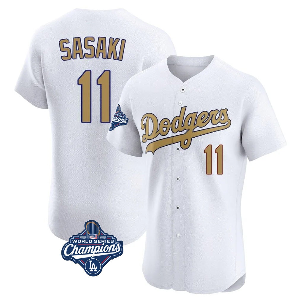 Los Angeles Dodgers #11 Roki Sasaki Player White Gold CLOTHIN World Series Meet Limited Elite Home Stitched Jerseys