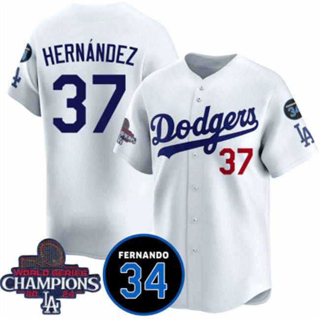 Los Angeles Dodgers #37 Teoscar Hernandez White CLOTHIN 2024 World Series Champions With Fernando Memorial Patch Vapor Premier Home Limited Stitched Jersey