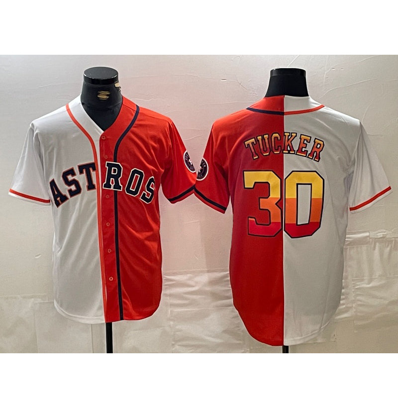 Houston Astros #30 Kyle Tucker White Orange CLOTHIN Split Stitched Jersey 2