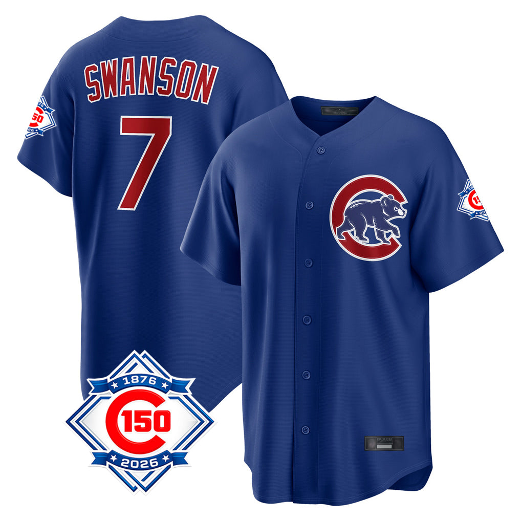 Chicago Cubs #7 Dansby Swanson Player Royal CLOTHIN 150th Anniversary Home Game Stitched Jerseys