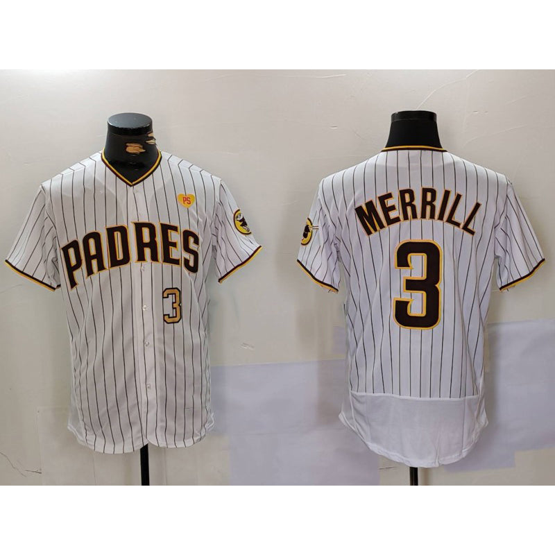 San Diego Padres #3 Jackson Merrill White CLOTHIN With PS Patch Stitched Flex Base Jerseys