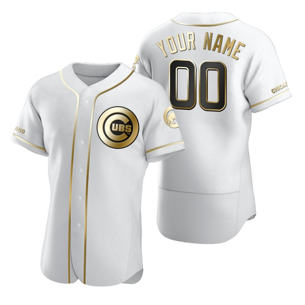 Custom Chicago Cubs White CLOTHIN Stitched Flex Base Golden Edition Jersey
