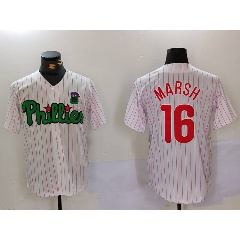 Philadelphia Phillies #16 Brandon Marsh White Green CLOTHIN Cool Base Stitched Jersey 2