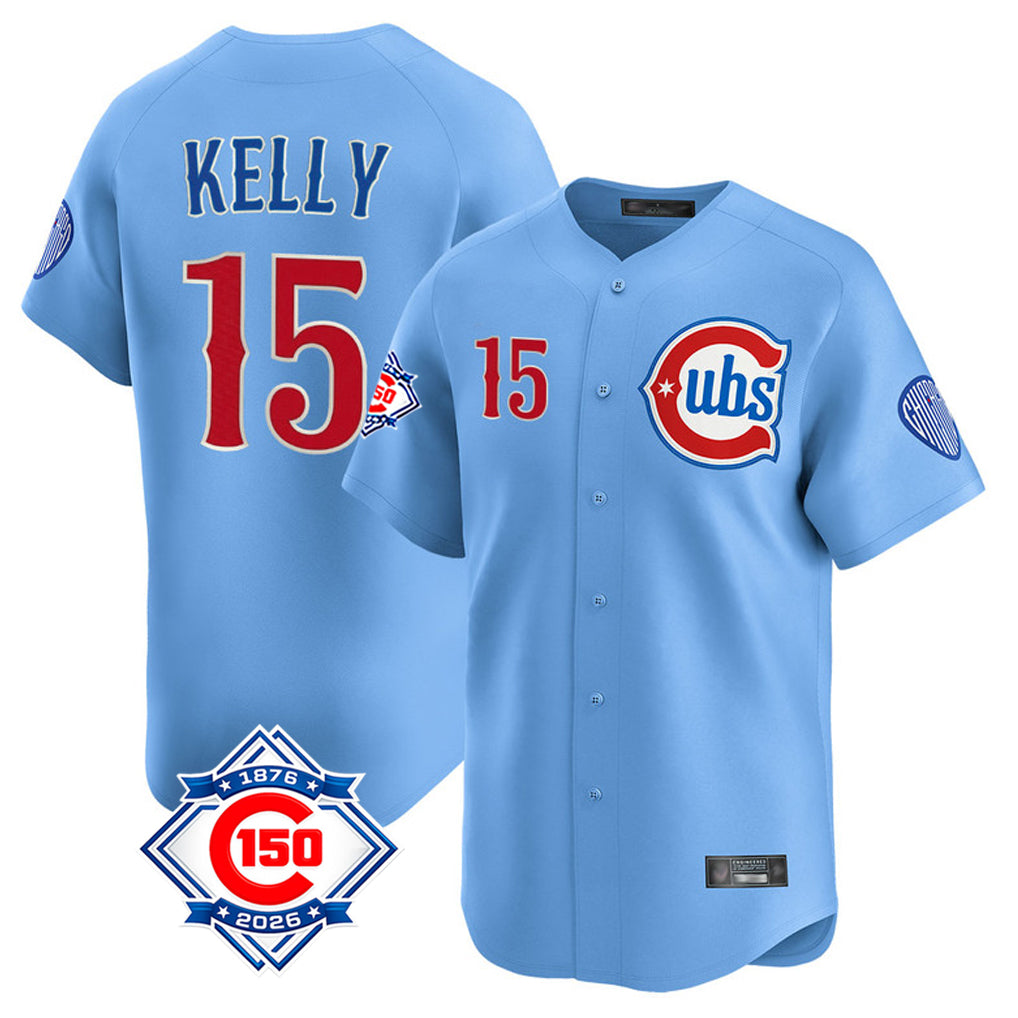 Chicago Cubs #15 Carson Kelly Player Light Blue CLOTHIN 150th Anniversary Limited Home Stitched Jerseys