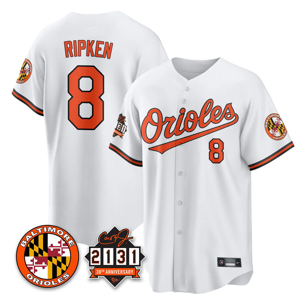 Baltimore Orioles #8 Cal Ripken Player White CLOTHIN 30th Anniversary of 2131 Home Game Stitched Jerseys