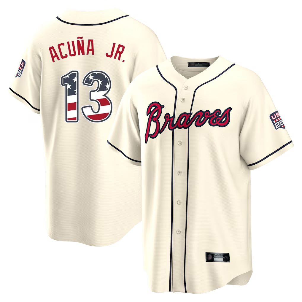 Atlanta Braves #13 Ronald Acuna Jr Player Cream CLOTHIN USA 250 Fourth Of July Limited Home Game Stitched Jerseys