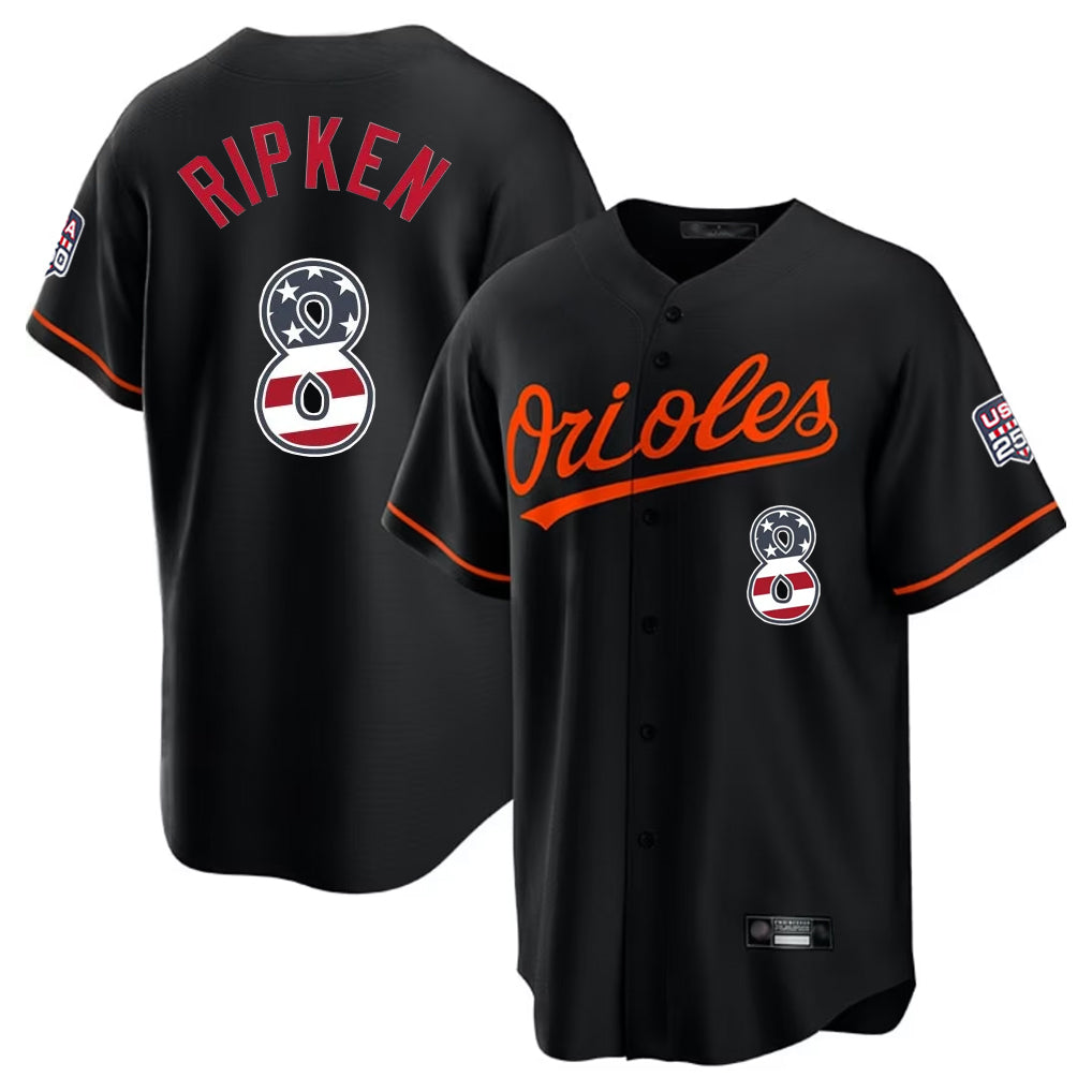 Baltimore Orioles #8 Cal Ripken Player Black CLOTHIN USA 250 Fourth of July Home Game Stitched Jerseys