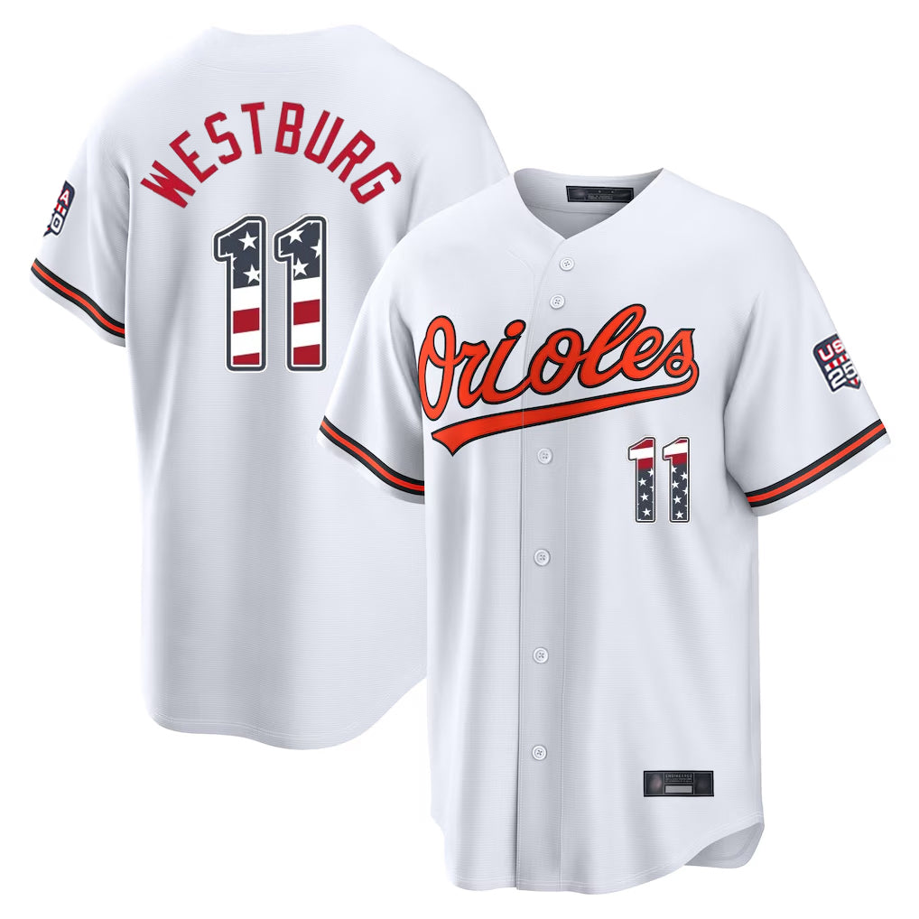 Baltimore Orioles #11 Jordan Westburg Player White CLOTHIN USA 250 Fourth of July Home Game Stitched Jerseys