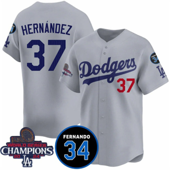 Los Angeles Dodgers #37 Teoscar Hernandez Gray CLOTHIN 2024 World Series Champions With Fernando Memorial Patch Vapor Premier Limited Stitched Jersey
