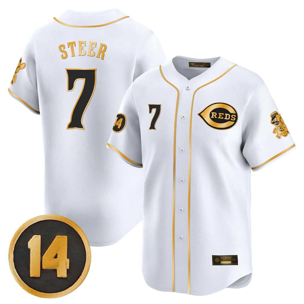Cincinnati Reds #7 Spencer Steer Player White-Gold CLOTHIN Vapor Premier Limited Home Stitched Jerseys