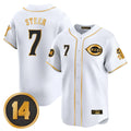 Cincinnati Reds #7 Spencer Steer Player White-Gold CLOTHIN Vapor Premier Limited Home Stitched Jerseys