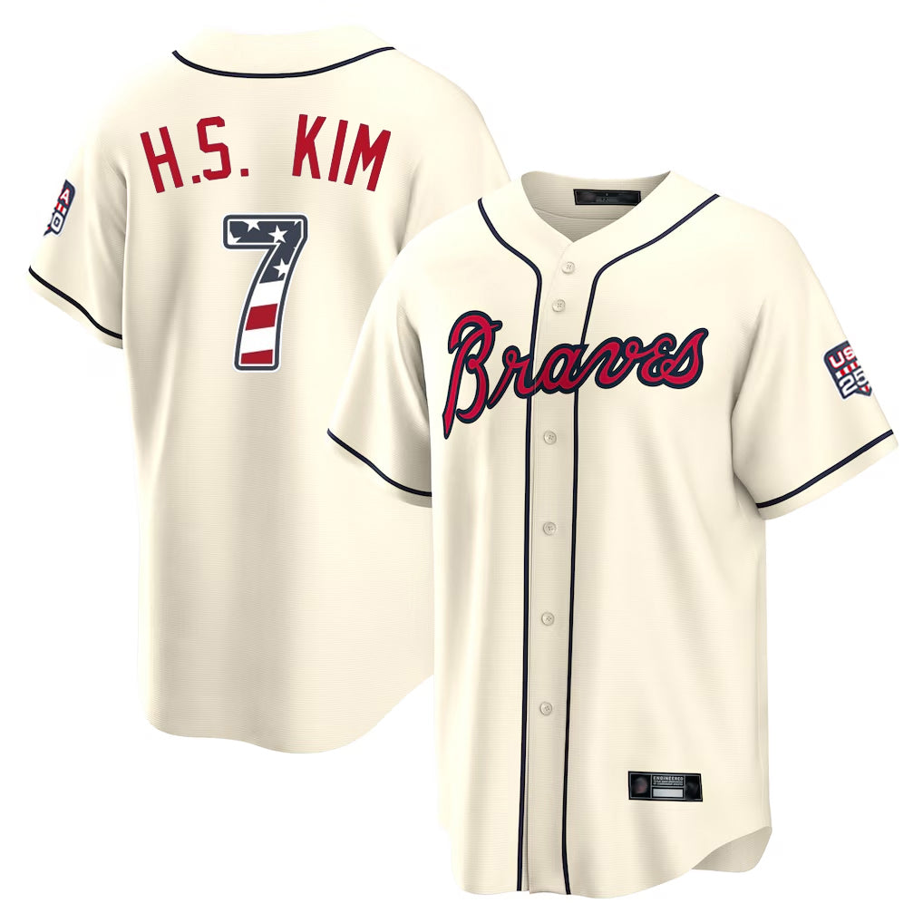 Atlanta Braves #7 Ha-Seong Kim Player Cream CLOTHIN USA 250 Fourth Of July Limited Home Game Stitched Jerseys