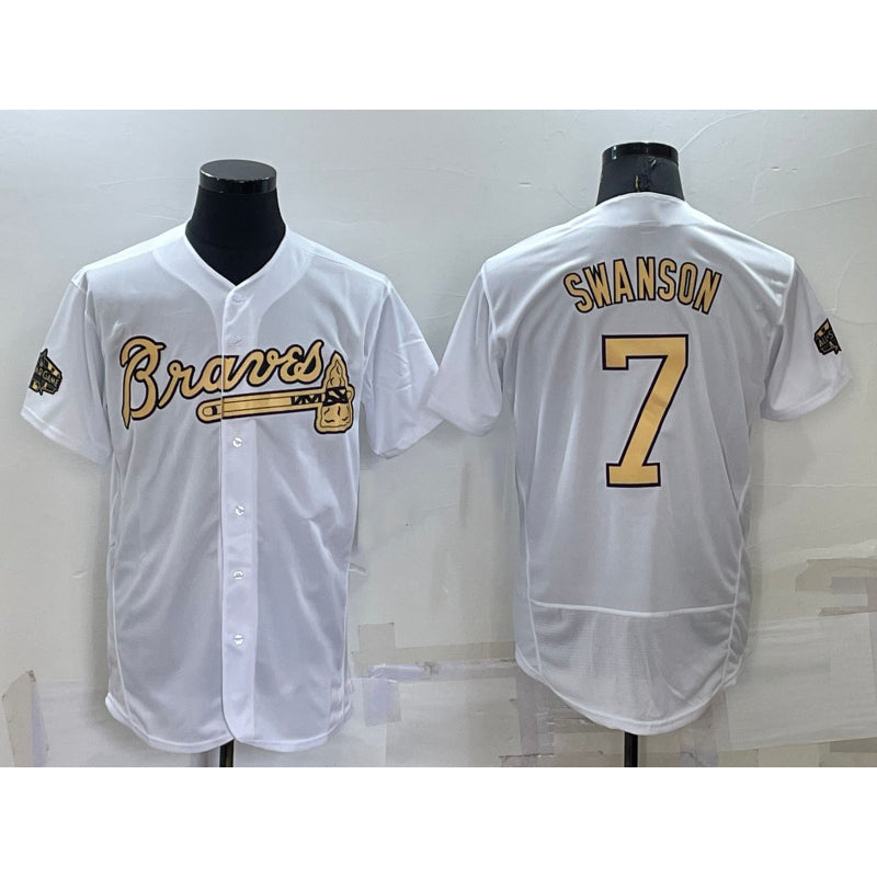 Atlanta Braves #7 Dansby Swanson White CLOTHIN 2022 All Star Stitched Flex Base Jersey