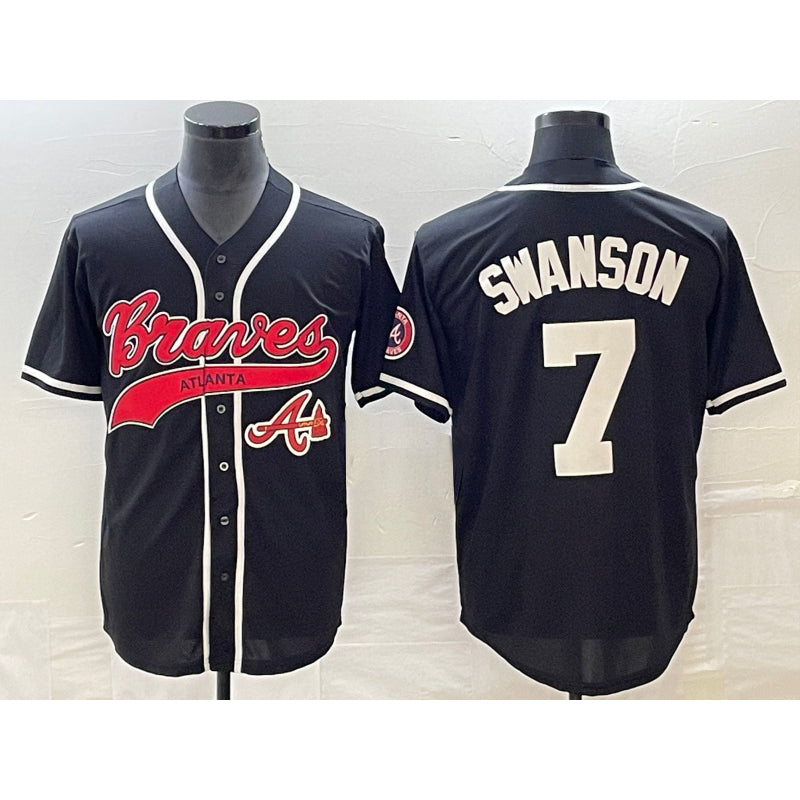 Atlanta Braves #7 Dansby Swanson Black CLOTHIN Cool Base Stitched Jersey 2