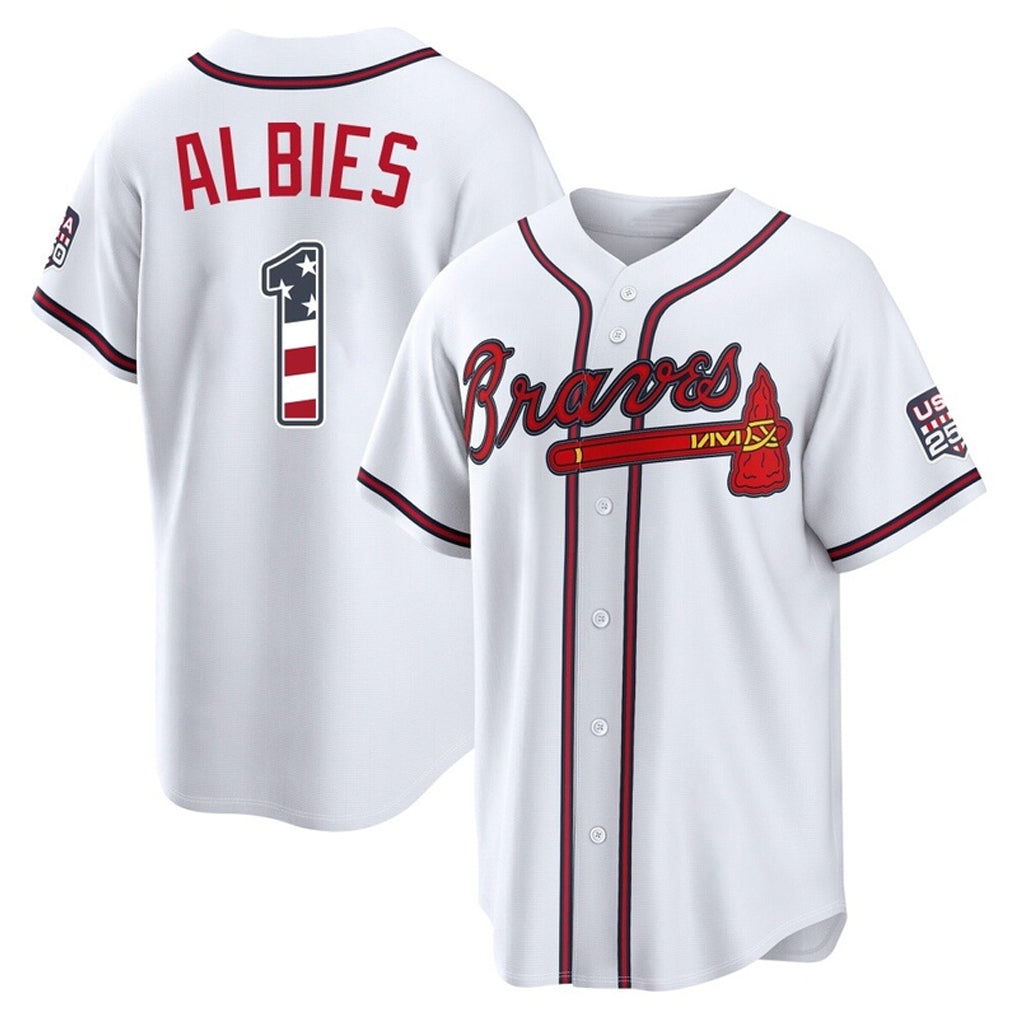Atlanta Braves #1 Ozzie Albies Player White CLOTHIN USA 250 Fourth Of July Limited Home Game Stitched Jerseys