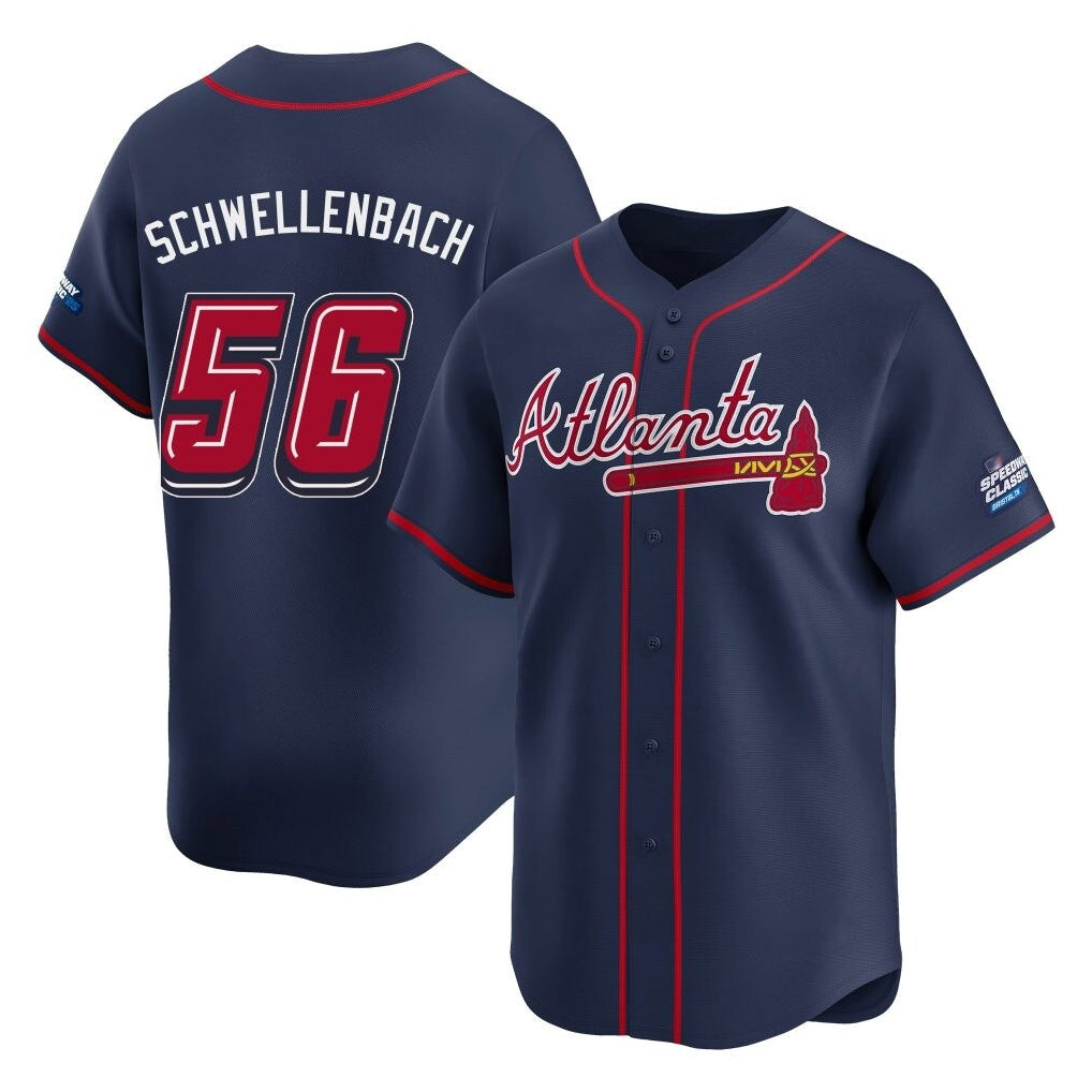 Atlanta Braves #56 Spencer Schwellenbach Player Navy CLOTHIN 2025 Speedway Classic Home Game Stitched Jerseys