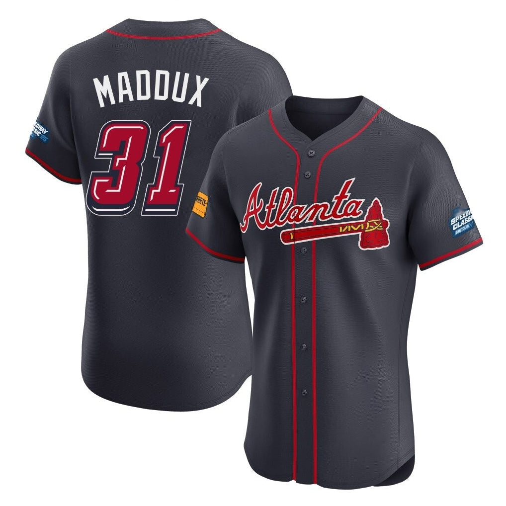 Atlanta Braves #31 Greg Maddux Player Navy CLOTHIN 2025 Speedway Classic Limited Elite Home Game Stitched Jerseys