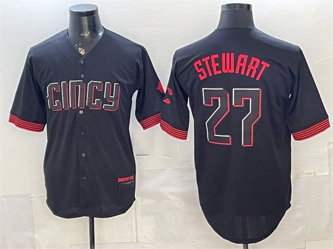 Cincinnati Reds #27 Sal Stewart Black CLOTHIN City Connect Cool Base Stitched Jersey