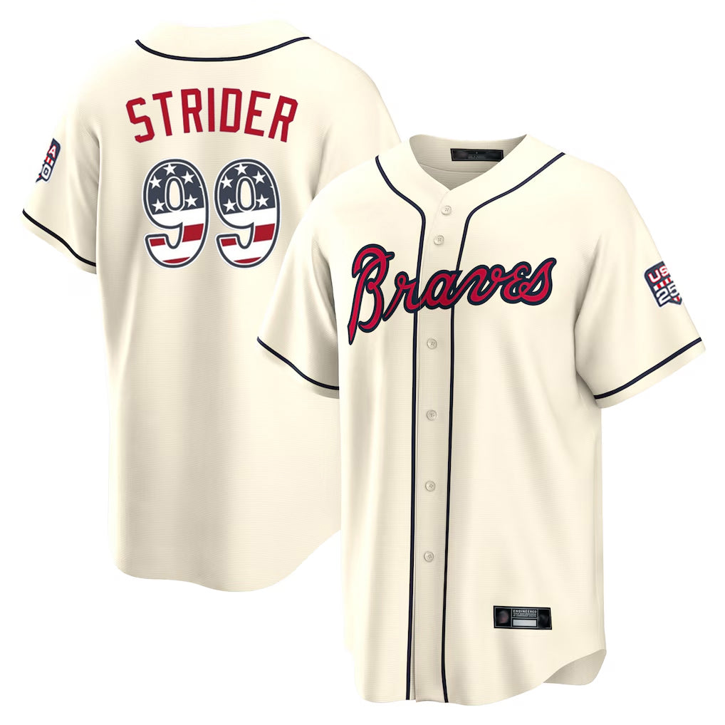 Atlanta Braves #99 Spencer Strider Player Cream CLOTHIN USA 250 Fourth Of July Limited Home Game Stitched Jerseys