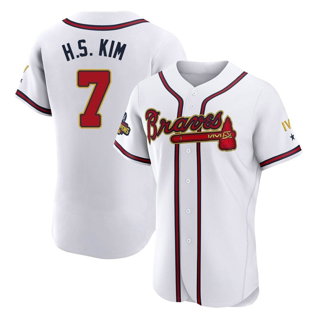 Atlanta Braves #7 Ha-Seong Kim Player White Gold CLOTHIN Limited Elite Home Game Stitched Jerseys