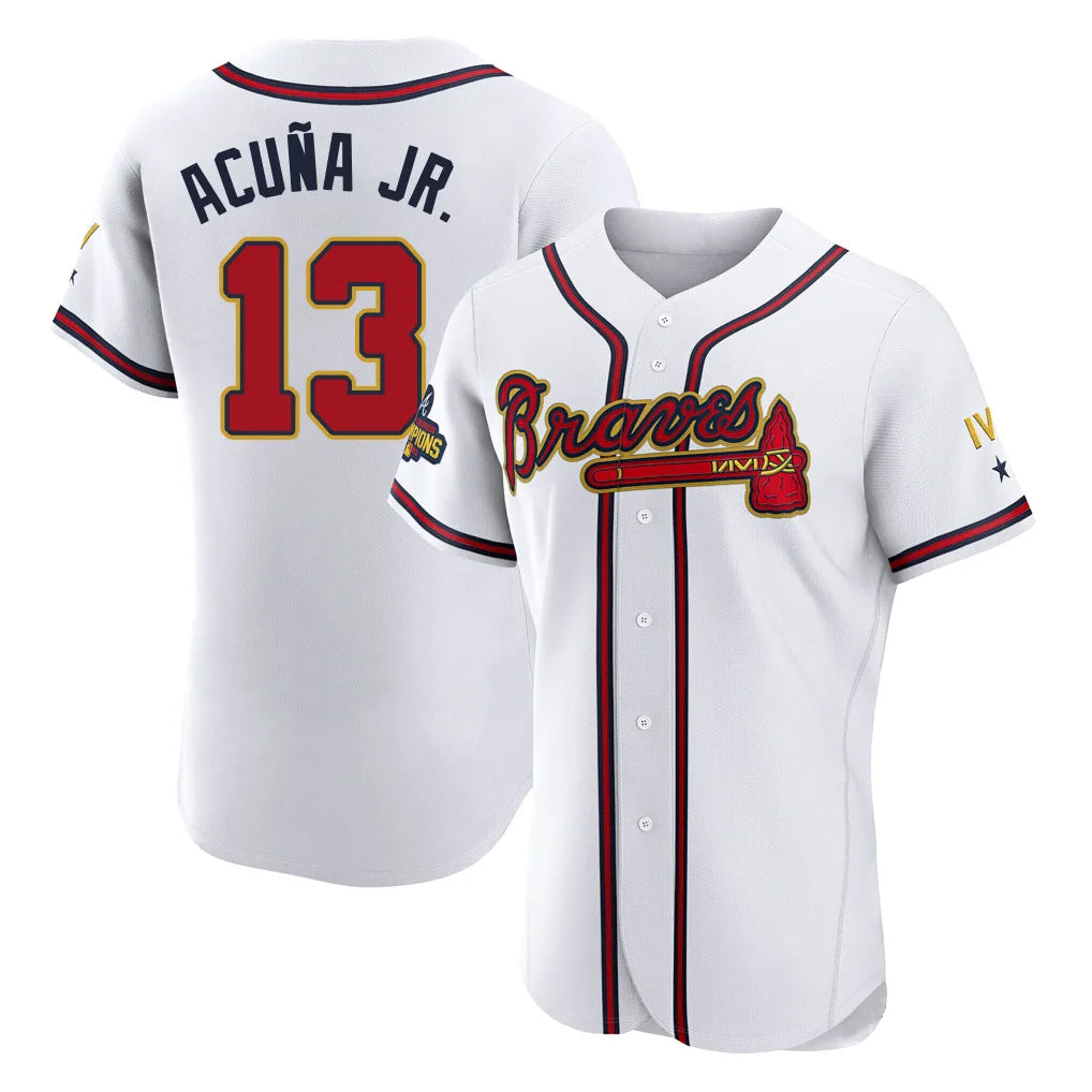 Atlanta Braves #13 Ronald Acuna Jr Player White Gold CLOTHIN Limited Elite Home Game Stitched Jerseys