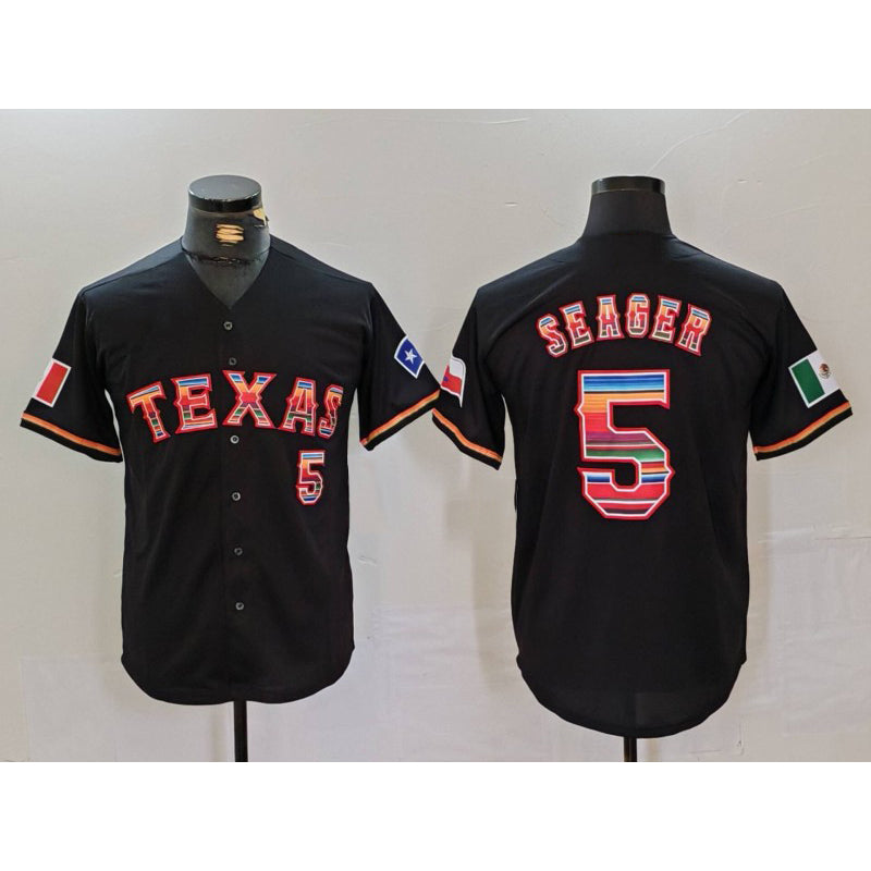 Texas Rangers #5 Corey Seager Black CLOTHIN Rainbow Mexico Cool Base Stitched Jersey