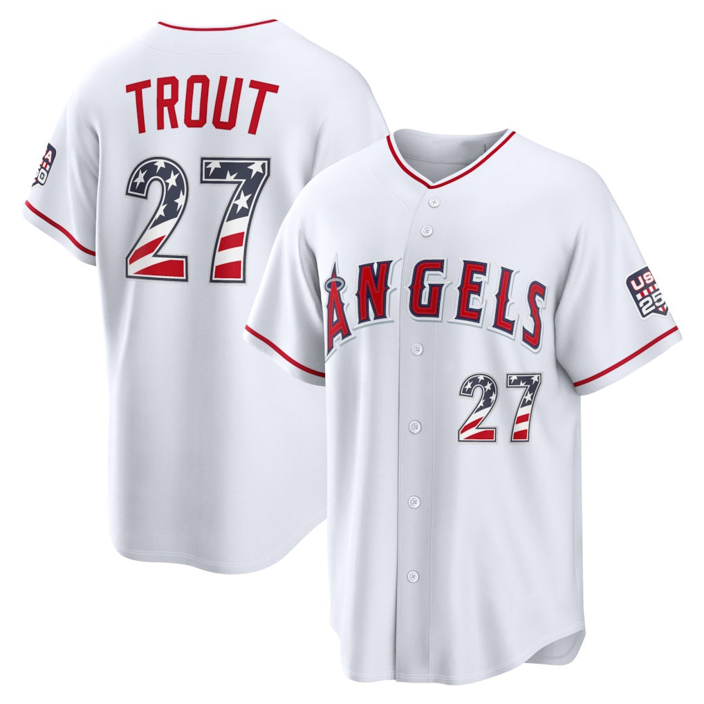 Los Angeles Angels #27 Mike Trout White CLOTHIN USA 250 Fourth of July Home Stadium Jersey