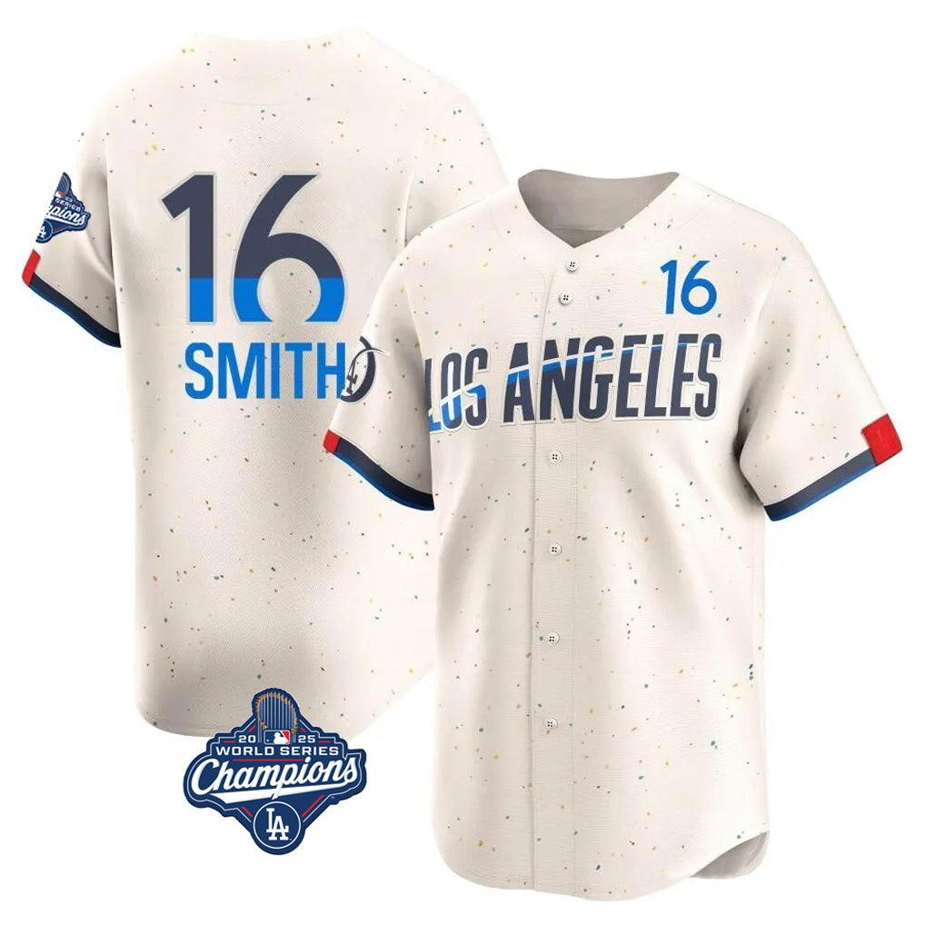 Los Angeles Dodgers #16 Will Smith Player Cream CLOTHIN World Series Meet City Connect Limited Home Stitched Jerseys