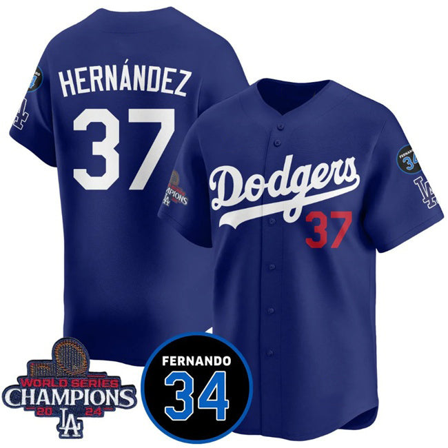 Los Angeles Dodgers #37 Teoscar Hernandez Royal CLOTHIN 2024 World Series Champions With Fernando Memorial Patch Vapor Premier Limited Stitched Jersey