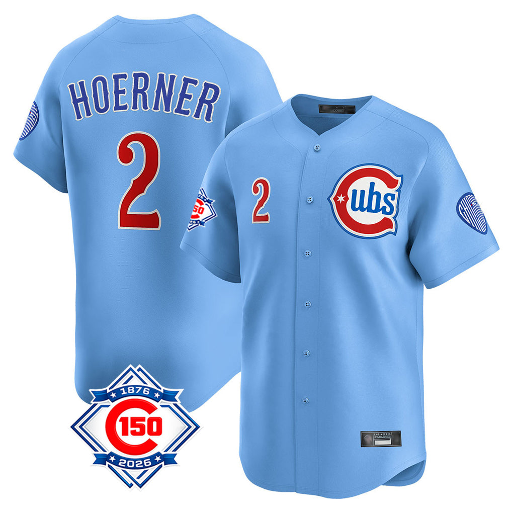 Chicago Cubs #2 Nico Hoerner Player Light Blue CLOTHIN 150th Anniversary Limited Home Stitched Jerseys