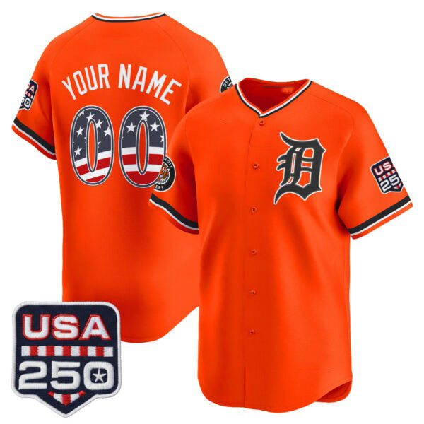 Custom Detroit Tigers Orange CLOTHIN USA 250 Fourth of July Vapor Premier Limited Jersey ¨C All Stitched