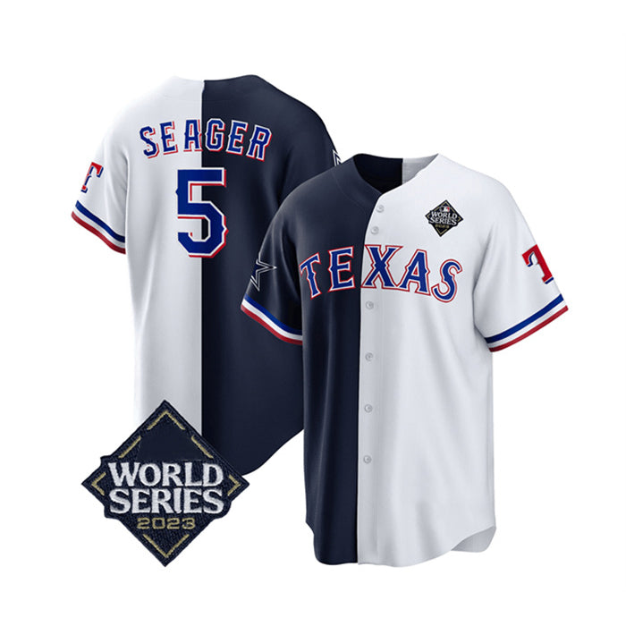 Texas Rangers & Cowboys #5 Corey Seager Navy White CLOTHIN 2023 World Series Splite Stitched Jersey
